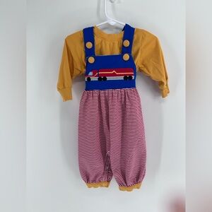 9 month 1 - Busy Bee Smocks Blue & Mustard Truck Appliqué Striped Overalls